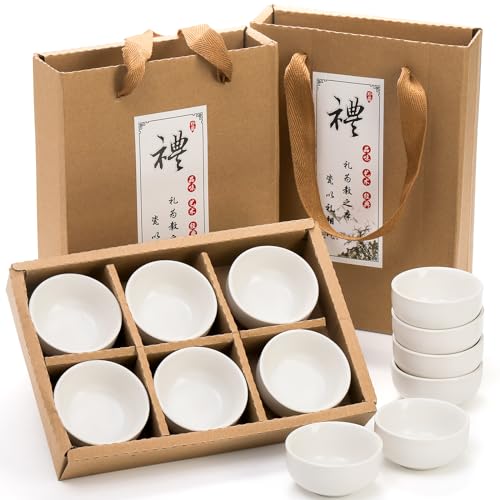Foraineam Ceramic Sake Tea Cups Set of 12, 2.4 x 1.2 Inch, 45ml Small Pottery Cups with Gift Box - White, Durable, Microwave & Dishwasher Safe
