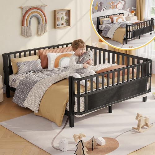 Full Size Montessori Bed Frame with Guardrails, Low Profile Metal & Wood Bed