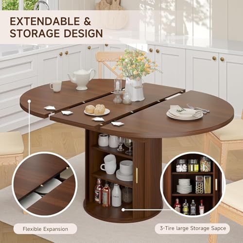 Extendable Round Dining Table with Storage Base, 47"-63" Walnut Wood Oval Table