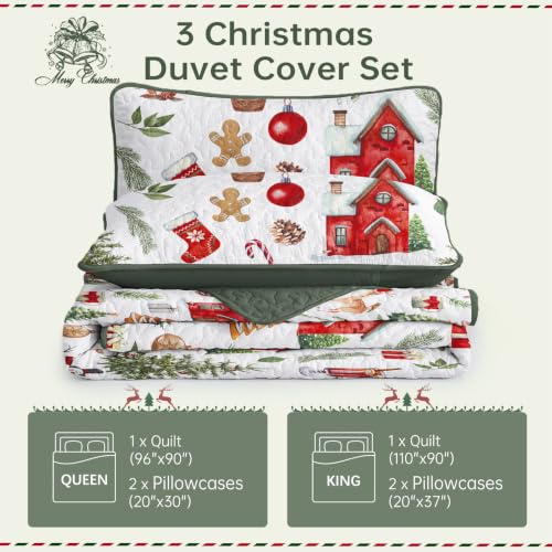 Xruibed Red & Green Christmas Quilt Set Queen 3-Piece (90x96) Elks Pattern