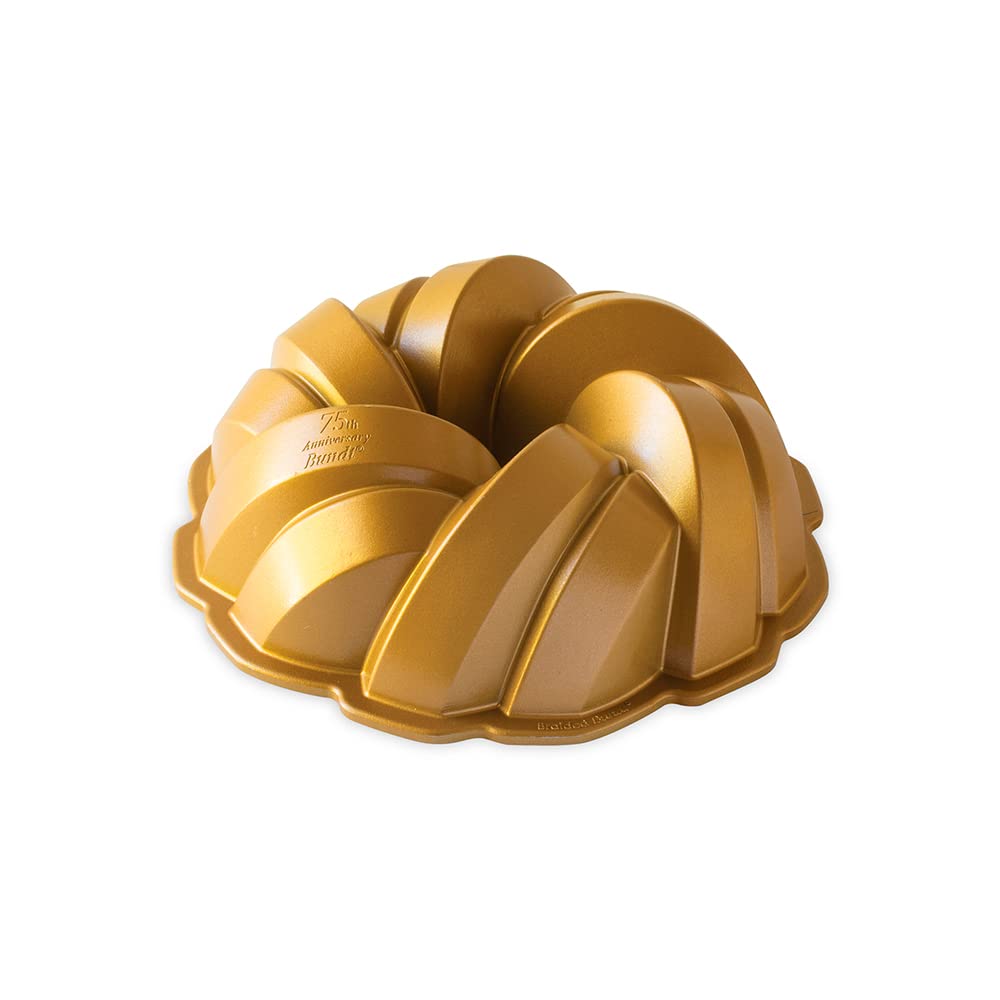 Nordic Ware NW 95577 75th Anniversary Braided Rope Bundt Cake Pan, Gold 12 Cup Capacity & 95377 Bundtlette Pan 75th Anniversary Braided Bundt Bites, Gold