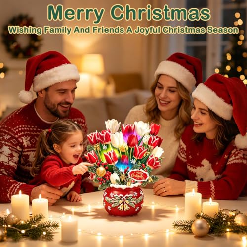 Rayilyn Christmas Tulips Pop Up Card with Lights & Music - 10.5 Inch Holiday Bouquet with Pine, Bells, Ornaments