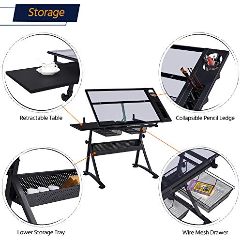 Adjustable Drafting Table with Stool, Tilting Glass Art Desk, Black