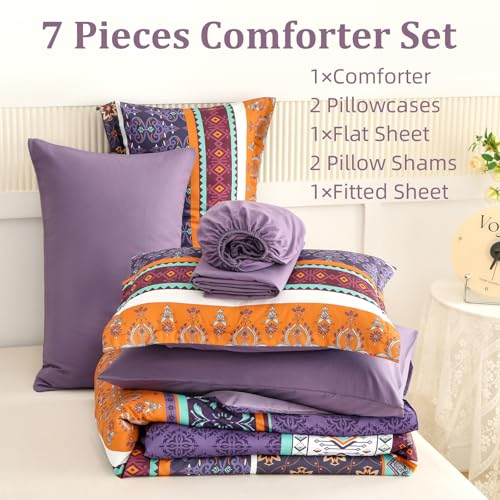Queen Boho Comforter Set 7-Piece - Purple Paisley Microfiber Bedding Set