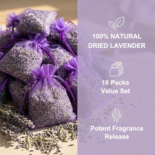 16-Pack Natural Dried Lavender Sachets for Drawers and Closets