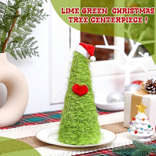 Mini Furry Lime Green Christmas Tree with Santa Hat, 9.84" Tabletop Decor