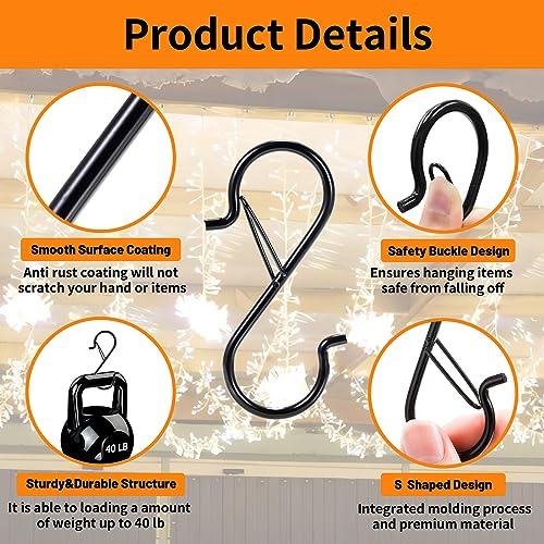 12-Pack 3.5-Inch Heavy Duty S Hooks with Safety Buckle - Black Metal Hangers
