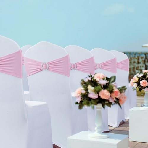 Babenest Spandex Chair Sashes Bows - 30PCS Premium Stretch Covers with Buckle Slider | Pink Elastic Ties for Weddings & Events