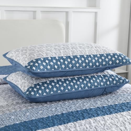 Blue Boho Striped Quilt Set King Size - 3-Piece Reversible Coverlet