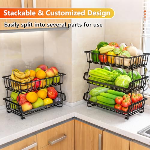 3-Tier Rolling Pantry Organizer Cart with Stackable Wire Fruit Baskets