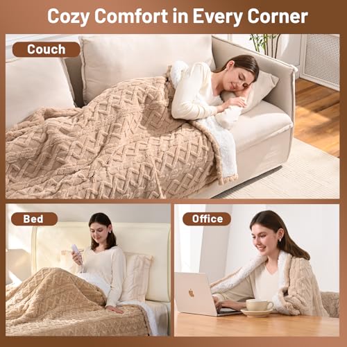 EDENLUNE Beige 50x60-inch Electric Heated Throw Blanket with 9 Heat Levels, Timer & Sherpa Fabric