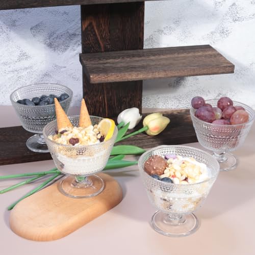 DNIENKGE Set of 4 Glass Dessert Bowls 9oz Vintage Style Ice Cream Sundae Cups