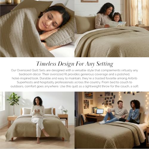 Twin Quilt Bedding Set - Soft Microfiber Taupe Coverlet with Pillow Sham