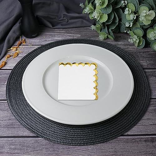 200 Pack White and Gold Scalloped Cocktail Napkins - Disposable Party Tableware