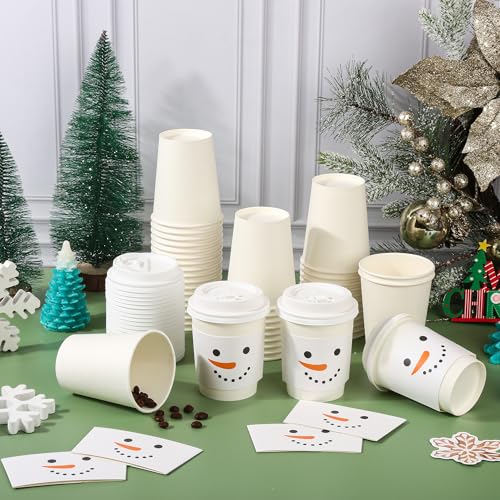 AimFun White Snowman Disposable Coffee Cups Set with Lids & Sleeves - 50 Pack