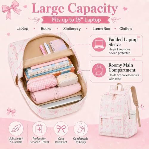 LOIDOU School Backpack for Girls Bow Tie Beige Laptop Bookbag