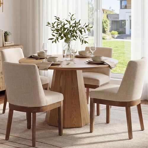 Modern Upholstered Dining Chairs, Linen Fabric Kitchen Chair Set of 4, Beige