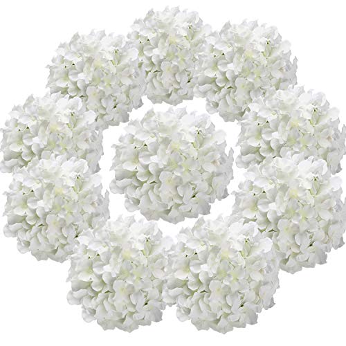 Silk Hydrangea Flower Heads with Stems - Pack of 10 (White)