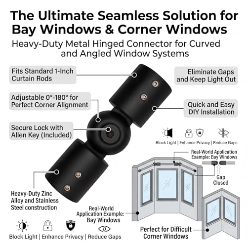 Adjustable Corner Curtain Rod Connector for 1-Inch Rods, 2-Pack Black
