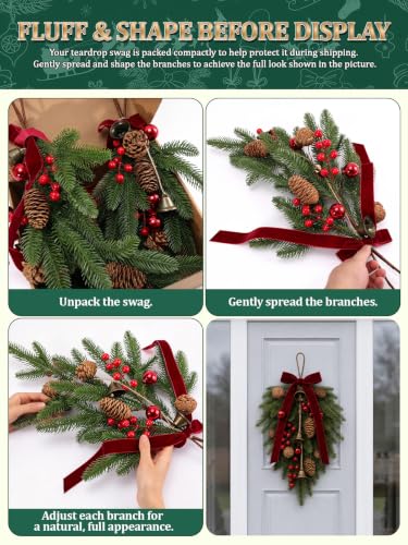 Sariiraw 4 Pack 23in Christmas Teardrop Swag - Artificial Norfolk Pine with Pinecones & Red Berries