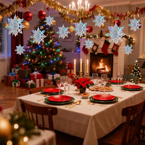 VziareBe Iridescent 12-Pack 3D Snowflake Christmas Decorations - Large Hanging Ornaments for Winter Wonderland, Xmas Party