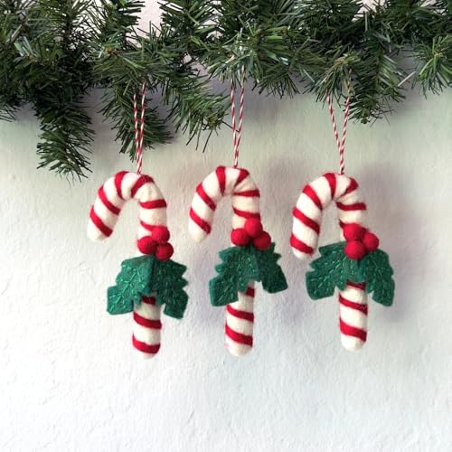 Humble Hilo Candy Cane with Holly 3-Pack Handmade Felt Christmas Ornaments