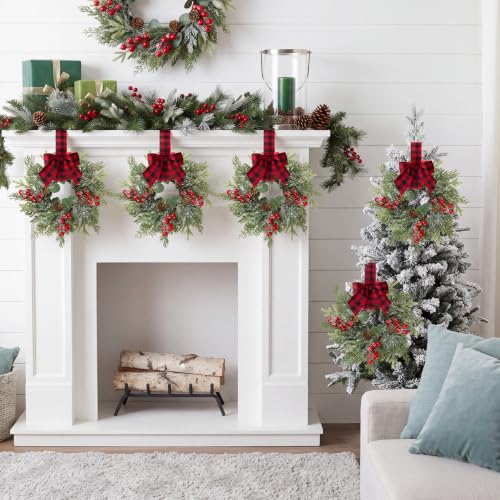 Sggvecsy 4-Pack Mini Christmas Cabinet Wreaths with Norfolk Pine & Burlap Bows