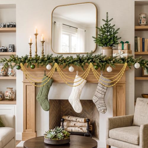 Thenshop Gold Christmas Bead Garland with Hooks 19.5 Inch - 6 Pack, Classic Holiday Decor