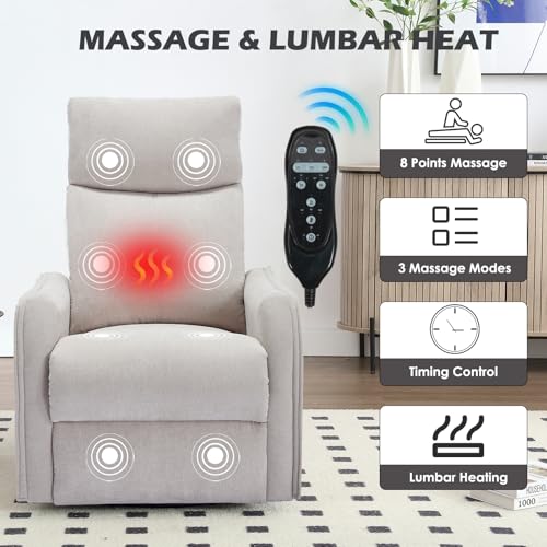 Swivel Rocker Recliner Chair with Heat and Massage, Beige Chenille