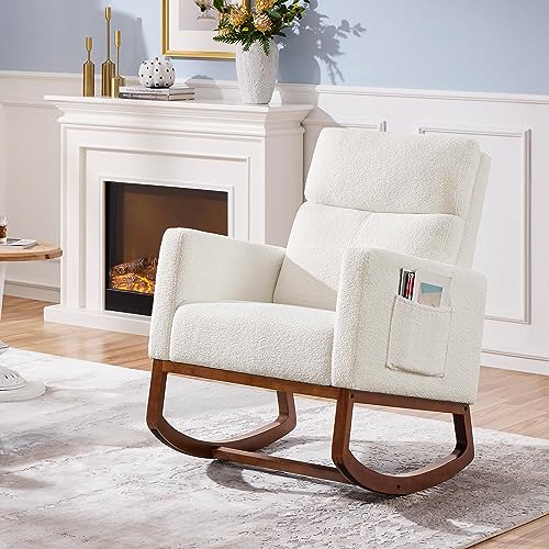 Ivory Boucle Padded Rocking Chair with Side Pockets and Wood Base