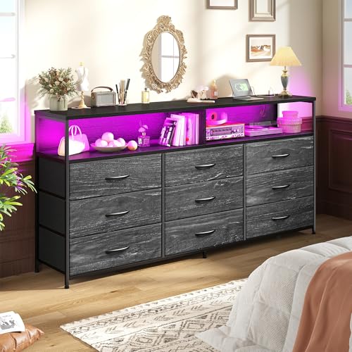 55-Inch 9-Drawer Bedroom Dresser with LED Lights, Power Outlets & TV Stand