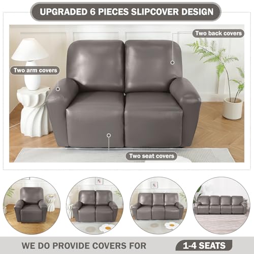 Waterproof Faux Leather Recliner Slipcover - 6 Pieces, Anti-Slip, Soft Sofa Protector for Pets, Grey Brown