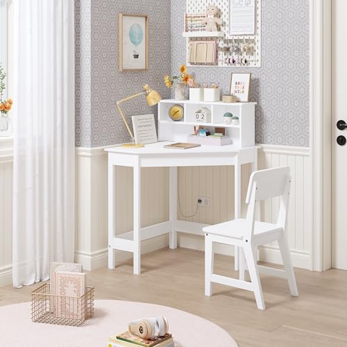 Wooden Kids Corner Desk and Chair Set with Hutch and Bulletin Board