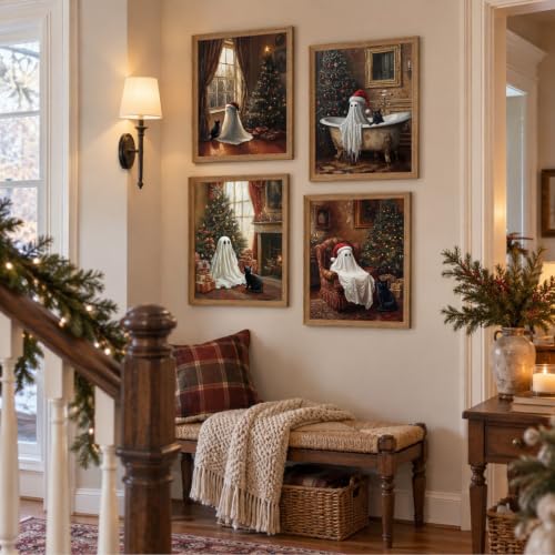 Vintage Christmas Ghost and Black Cat Wall Art Set - Framed 12x16 Inches - Variation of THIS listing