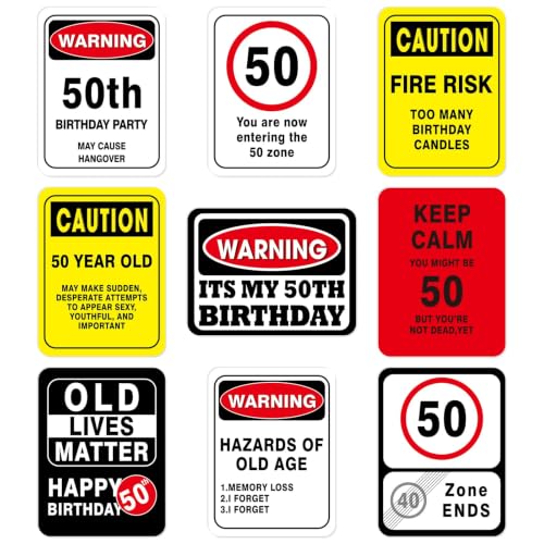 50th Birthday Party Decoration Signs - 9-Piece Funny Caution Wall Sign Set