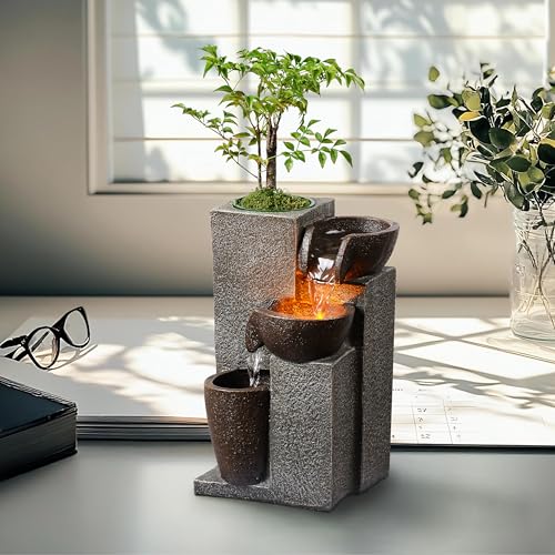 Tabletop Waterfall Fountain with LED Light & Plant Pot - Indoor Desk Decor