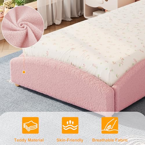 Twin Size Teddy Fabric Floor Bed Frame with Padded Sides - Pink