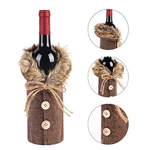 Festanlee Tanlee 4 Pieces Christmas Wine Bottle Covers with Faux Fur Collar & Button Coat - 9.5"