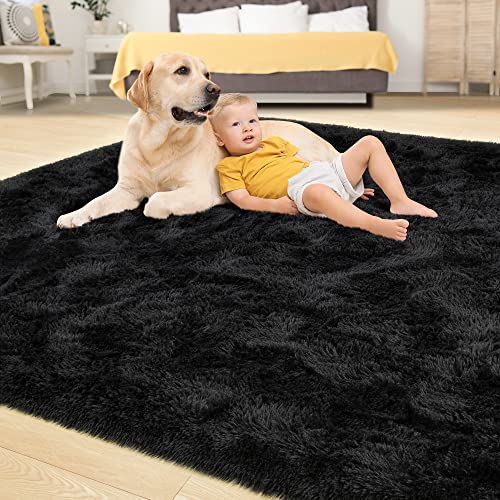 4x6 Black Fluffy Area Rug - Soft Plush Shaggy Carpet with Non-Slip Backing