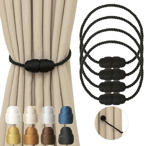 Magnetic Curtain Tiebacks - 4 Pack Decorative Rope Curtain Holdbacks, Black