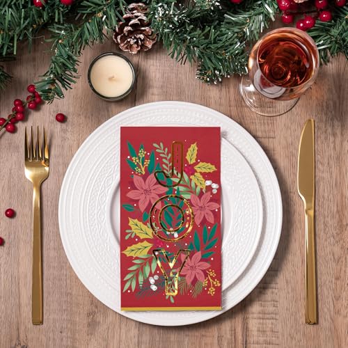 Wrapaholic 50-Pack Joy and Flower Christmas Disposable Napkins 3-Ply, 4.3 x 7.9 Inches
