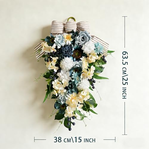 25-Inch Artificial Floral Door Swag with Blue Roses and White Hydrangeas
