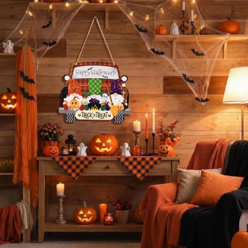 SENMAY Halloween Gnome Door Sign - Double-Sided Front Door Decor (Orange/Red)