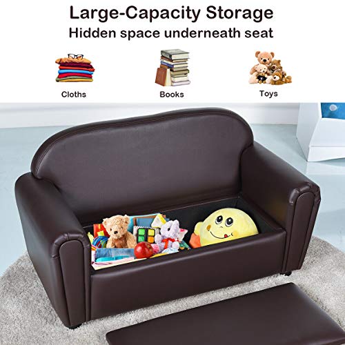 2-in-1 Kids Sofa with Storage, PU Leather Toddler Double Seat Chair
