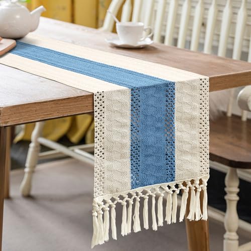 OTOSTAR Blue 12x108 Inch Boho Macrame Table Runner with Tassels – Rustic Farmhouse Home Decor