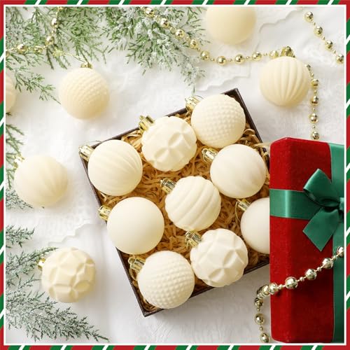 Menkxi 30 Pcs Cream White Velvet Christmas Ornaments, 2 Inch Flocked Balls – 6 Styles, Gold Hanging Cord
