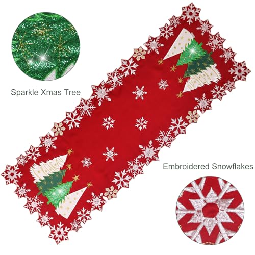 Tenerdy 15in Round Christmas Tree Placemats Set of 4 Embroidered Snowflakes, Red