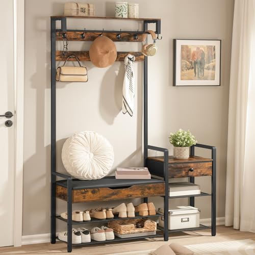 HOOBRO Rustic Brown & Black 5-in-1 Hall Tree with Bench & Shoe Storage