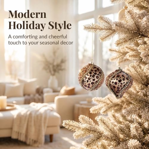 Glass Leopard Print Holiday Ornaments Set of 2 - 100MM Decorative Xmas Balls