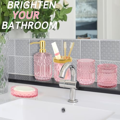 5-Piece Pink Glass Bathroom Accessory Set - Elegant Countertop Organizer